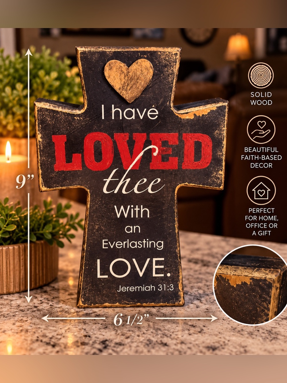 Faith-Inspired wooden Cross Wall Art - Black with Red & Gold Accents 9x6”